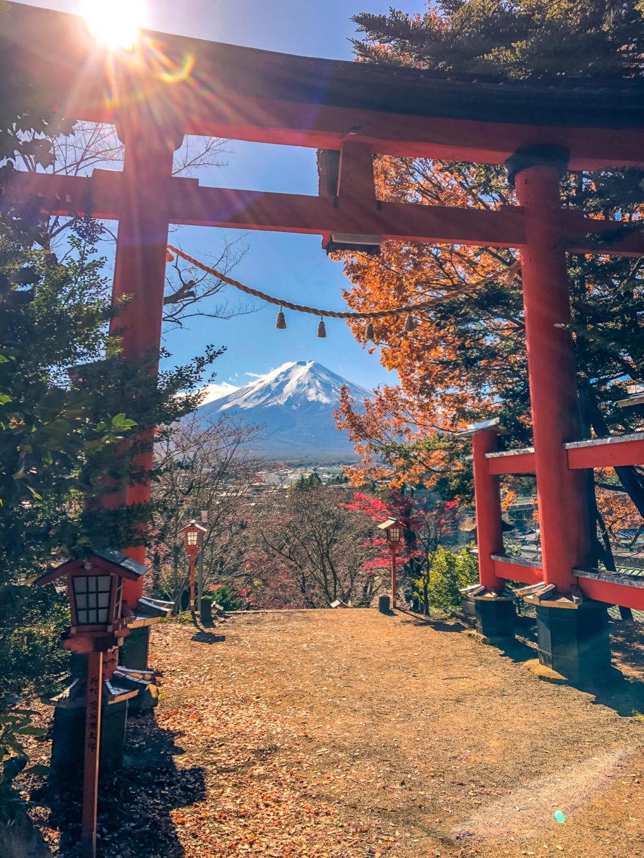 Views of Mount Fuji from Lake Kawaguchi : Frame Mount Fuji with the Torii gate at the entrance to the Arakurayama Sengen Shrine! #japan #mountfuji #travel #photography
