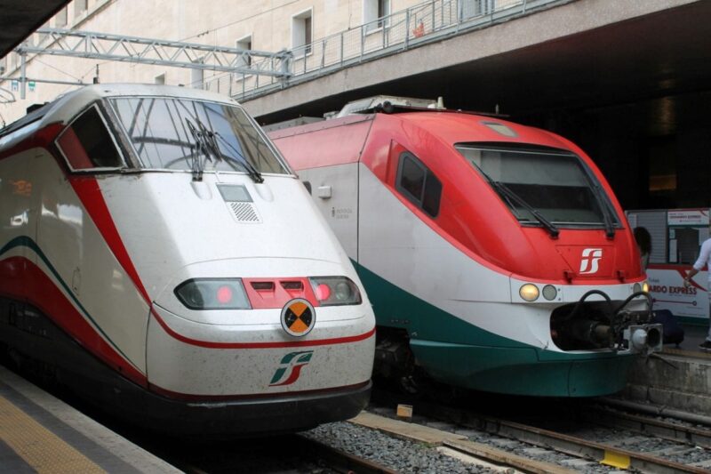 Trains at one of the Italian train stations, traveling by train is a quick and simple way around the major Italian cities. 