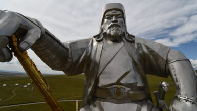 View from the top of the complex looking up at Genghis Khan Statue.