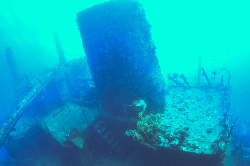 The funnel near the Commander's Deck on the Giannis D wreck in the Red Sea.