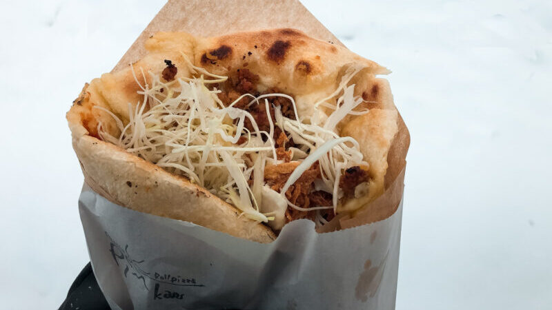 Taco pizza roll from one of the food trucks in Hirafu.